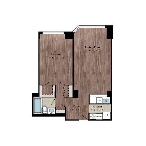 Residence J one bed, one bath floor plan layout on floors 2-14 at 280 Gramercy Place
